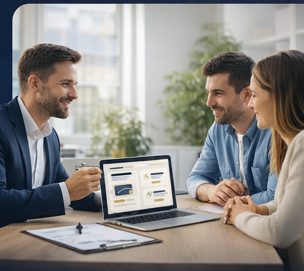 Consultor explicando opções de seguro para um casal em atendimento profissional